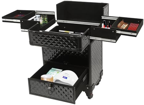 Soudesileim Kosmetikkoffer Trolley, 34 * 25 * 47cm Make Up Koffer Mit 2 Schubladen, Friseurkoffer Groß Mit Rollen 360° Drehbar, 7 Fächer Großer kapazität (Schwarz)