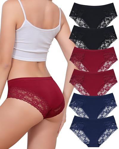 Aijolen Culotte Femme Coton Doux Slip Dentelle sous-Vêtements Soft Hipster | Sexy Panties Bikini Shorty Taille Basse, Tissu en Coton pur Doux et Respirant, Dentelle élégante sans irritation, Lot de 6