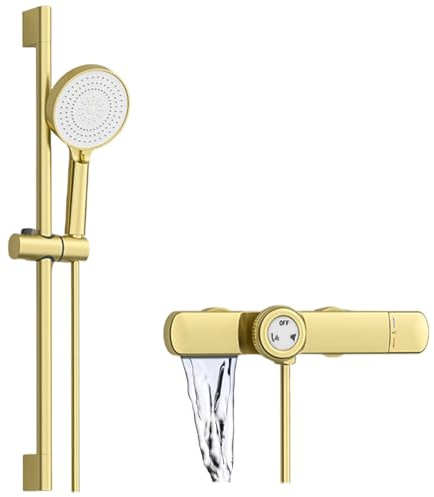 Badewannenarmatur Gold Wasserfall mit Handbrause, Messing Wasserhahn Badewanne, Thermostat 2 Funktions Duschamaturenset Mit 70 cm Höhenverstellbarer Duschstange, Brause 3 Modi