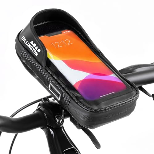 Hillington Bike Phone Holder Waterproof - 360° Rotation Cycle Phone Holder with Clear Front Window, Sun Visor, Multiple Pockets - Fits Handlebars up to 45mm - Phone Holder for Bike Waterproof