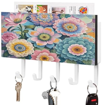 QMKFWT Scales and Flowers Pattern Key Holder Wall Mounted Keys Rail Rack Hanger for Wall Decorative Self Adhesive Key Hooks Hanging in Entryway Living Room Bathroom Bedroom Kitchen