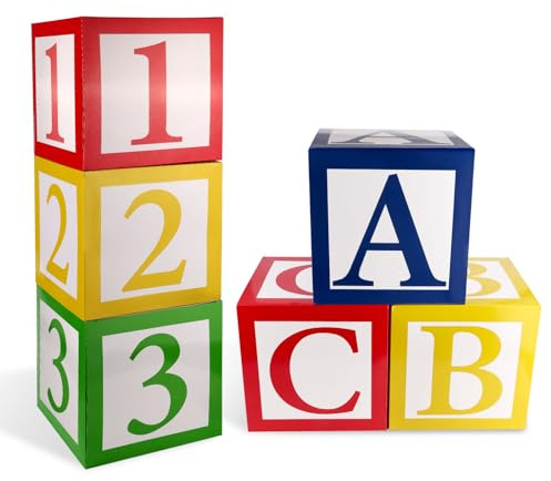 Tinoaly 6pcs ABC and 123 Balloon Boxes, 12x12in Multi-Colored ABC Alphabet Boxes Creative Friend Street Story Birthday Party Favor Box Back To School Decor for Celebration Baby Shower Decoration