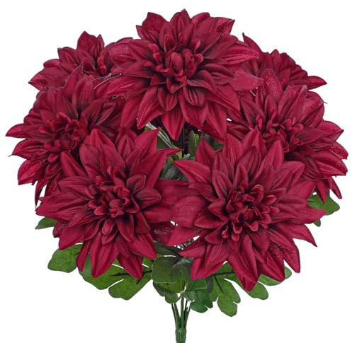 Hollyone Dark Red Dahlia Bunch, 4.7'' Large Artificial Flowers 7PCS Dahlia Flower Heads, Silk Flowers Fake Bouquet for Floral Arrangements, Home Decor, Wedding, Living Room Decorations