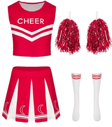Aislor Cheer Leader Kostüm Ärmellose Crop Top mit Rock Cheerleading Kostüm Schulmädchen Uniform Halloween Karnevalskostüm Clubwear Rot M