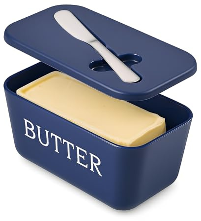 Beurrier avec couvercle et couteau, sans BPA, en plastique de qualité alimentaire avec couvercle pour table de cuisine et réfrigérateur, support à beurre bleu