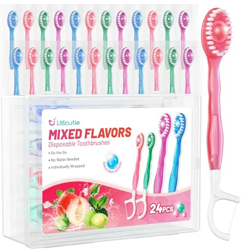 Litlcutie 24 Pack 5-in-1 Disposable Toothbrushes with Toothpaste, Floss, Pick & Tongue Scraper, Portable Mini Toothbrush Travel Set for Kids Adults, Individually Wrapped, Work Camping, Mixed Flavor