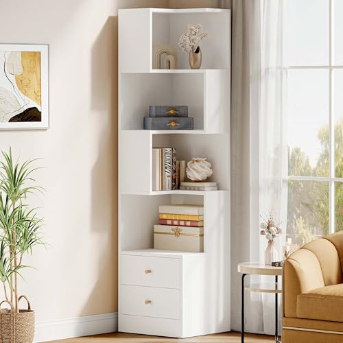 IRONCK Corner Bookshelf, 70.87 Tall Corner Bookcase with Drawers, Corner Shelf Storage Display Rack for Living Room Home Office, White