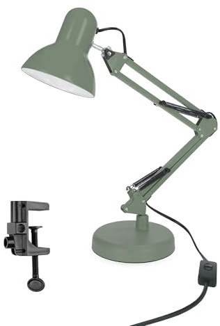 EDO Retro Schreibtischlampe Kinder mit Klemmbar, Nachttischleuchte mit Gelenk-Arm, Arbeitsplatzlampe Salbei PIXI E27 aus Stahl, Schreibtisch-Leuchte mit Flexible Klemme Schwarzer auf Desk Lamp