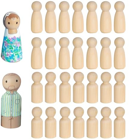 WENLISELL 30 PCS Wooden Peg Dolls 90mm, Unfinished Wooden People Figures, 15 Male 15 Female Plain Blank Doll Bodies for Painting, DIY Craft Art Projects