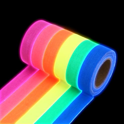6 rollos de cinta adhesiva fluorescente de 5 m x 1,5 cm, brilla bajo luz negra/luz UV, autoadhesiva para decoración de fiestas, marcado, manualidades y fiestas de luz negra