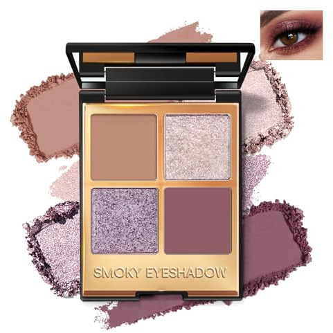 Noerrors Cool Toned Purple Plum Mauve Glitter Smoky Eyeshadow Quad Palette, Matte&Shimmer Smokey Gold Pink Nude Eye Shadow with Mirror for Older Women, Long Lasting Waterproof for Eye Makeup Kit 03