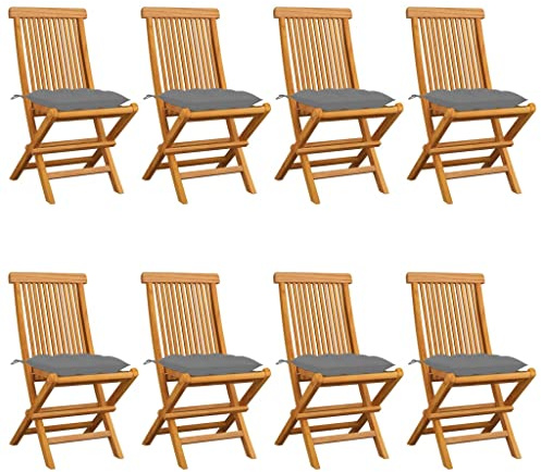 Mokuyary Trädgårdsstolar med grå kuddar, set om 8, massivt trä, teak, balkongstol, terrassstolar, matstolar för terrass, trädgård, balkong – B