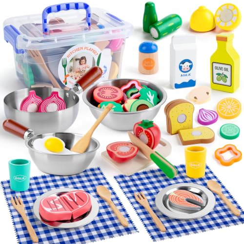 SEMKOTREE Accessoire Cuisine Enfant, Dinette en Bois Kit Cuisine Enfant, Jeux Montessori Jouet Enfant 3 Ans, Saladier Batterie Ustensiles de Cuisine Inox, Cadeau Fille Garcon 4 5 6 Ans