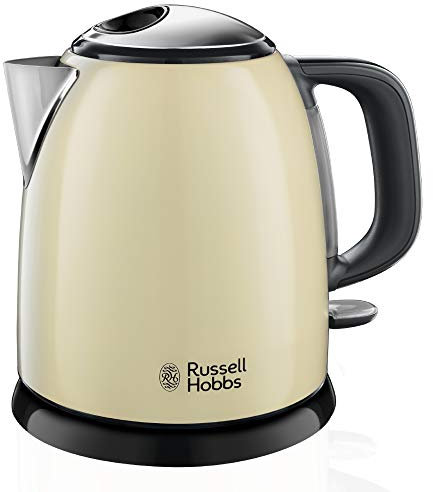 Russell Hobbs Hervidor de Agua Eléctrico Colours Plus - 1 litro, Hervidor Pequeño, 2400 W, Filtro Extraíble, Zona de Ebullición Rápida, Base de 360°, Indicador Nivel de Agua, Inox., Crema - 24994-70
