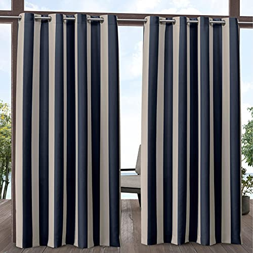 Exclusive Home Canopy Stripe Indoor/Outdoor Grommet Top Curtain Panel, 54x84, Navy / Sand, Set of 2
