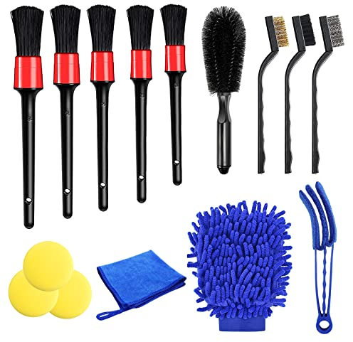 URAQT Lot de Brosse Nettoyage Voiture, 15 PCS Kit de Brosse Nettoyage Voiture Multifonctionnelle pour Intérieur & Extérieur, Kit de Nettoyage Brosse de Voiture pour Voiture Beauté/Moteur/Roue/Panneaux