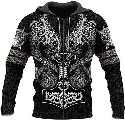 DFWY Viking Mjolnir Thor's Hammer Fenrir Sweatshirt Hoodie, Unisex Norse Tattoo Runes 3D drucken volle Zip Lightweight Pullover, Mode Vintage Persönlichkeit Casual Jacke(Zip,3XL)