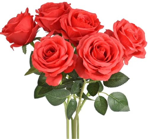 Künstliche Seidenblumen, realistische Rosen, langer Stiel, künstliche Rosen in Großpackung für Tischdekoration, Arrangement und Hochzeit, Festival, Dekoration, Blumenarrangement (rot), 8 Stück