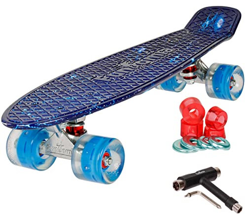 FunTomia 57cm Mini-Cruiser Board Skateboard mit oder ohne LED Leuchtrollen inkl. Aluminium Truck, ABEC-9 Kugellager und T-Tool (Galaxy blau mit Blaue LED Rollen)