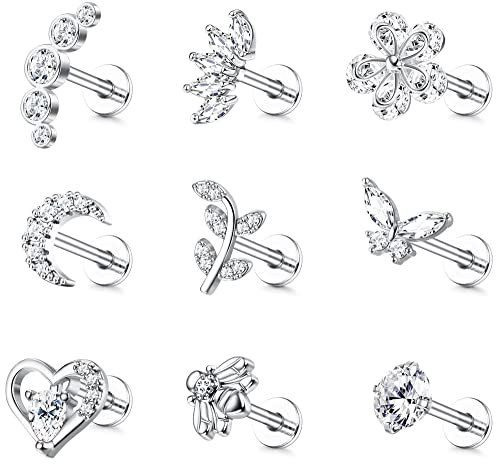 ADRAMATA 9 Stück 16G Helix Piercings Tragus Knorpel Ohrringe für Damen Ohrstecker Set Tragus Helix Conch Ohrringe Labret Zirkonia Ohrringe Schmetterling Mond Gold Silber Ohr Piercing für Damen