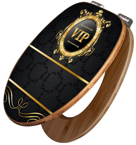 banjado Design WC Sitz Bambus Absenkautomatik 45,8x37,5cm / Toilettendeckel mit Absenkautomatik Holz/hochwertiger Bambus Klodeckel/WC-Sitz für gängigen Toiletten/Motiv VIP