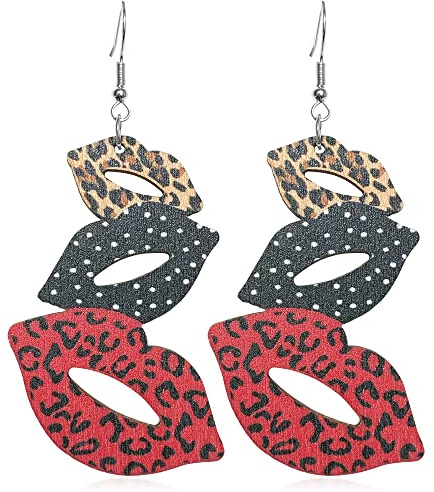 Hanavigar Einzigartige böhmische 80er Jahre Vintage Holz Leopard rote Lippe baumeln Tropfen Ohrringe lustig zierlich leicht Boho Natur Holz Lippen Ohrring für Frauen Statement Schmuck Geschenke