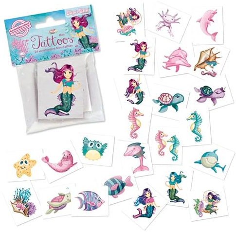 24 Mini-Tattoos * MEERJUNGFRAU CORALIE * als Geschenk oder Mitgebsel | Seamaid Tattoo Kindertattoos Tattoos Kindergeburtstag