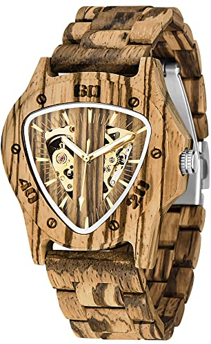 Dentily Men's Wooden Watch Triangle Skeleton Automatic Watch Mechanical Wood Watches for Men