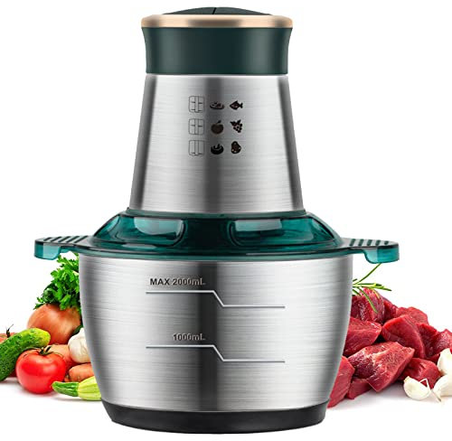 Tritacarne elettrico, tritatutto elettrico, 4 lame in acciaio inossidabile, capacità 2 litri, piccolo tritatutto per carne, verdura, frutta e noci, verde (verde)