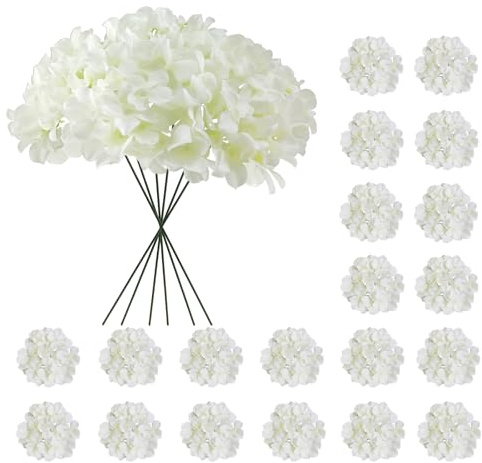 Cherica 20 flores artificiales de hortensias blancas a granel, cabezas de flores de hortensia sintética, flores artificiales de hortensia de seda con tallos, flores blancas artificiales para