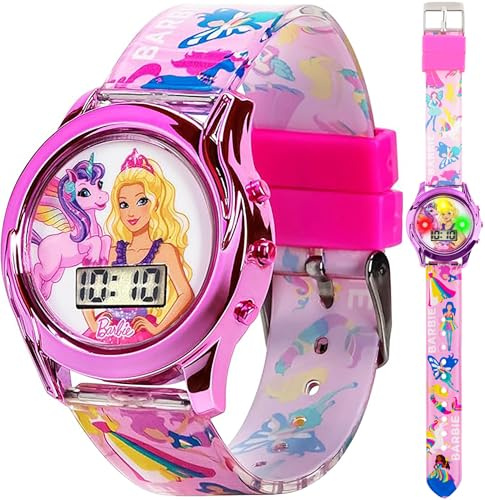 Mattel Barbie Kids Digital LCD Watch with Curved Bezel, Flashing Dial Lights and Printed Pink Strap Featuring Barbie and Unicorn Graphics Ages 4+ Fits Wrists 5.5-8