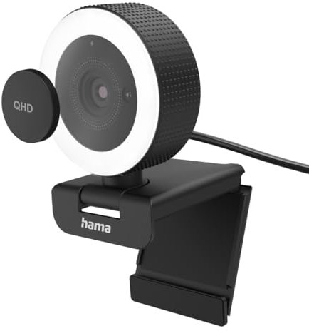 Hama Webcam mit Licht, Fernbedienung, Zoom, mobil (QHD 2K PC-Kamera mit Dual Mikrofon, Streaming-Cam, Ringlicht-Webcam Abdeckung, Autofokus, 360° drehen 89° neigen, 1/4-Zoll-Gewinde f. Stativ) schwarz