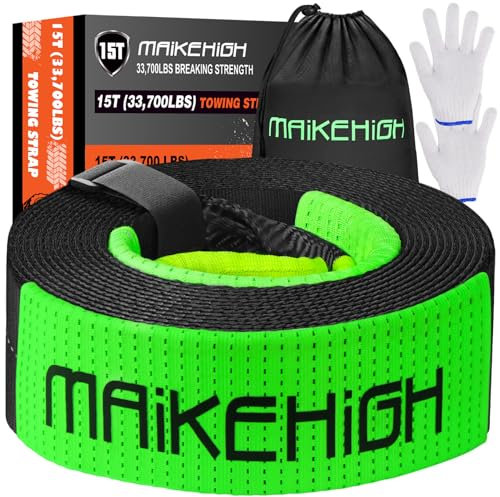 MAIKEHIGH Abschleppseil 15 Tonnen (33,700 Lbs), 6M x 7,6cm Abschleppgurt mit 2 Handschuhen für Auto, LKW, SUV, Offroad (Schwarz)