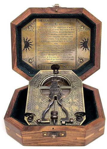 Artizyn Messing-Sonnenuhr-Kompass, Geschenk für Sie oder Ihn, Pendel-Sonnenuhr, einzigartige Geschenkideen für Ehemann oder Ehefrau, Hochzeitsgeschenk, Gilbert & Sons, Sonnenuhr mit Palisander-Gehäuse