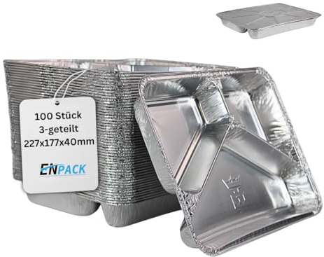 Enpack Aluschale R881-760G - 100 Stück Aluschalen Grill dreigeteilt mit Deckel - Wärmebehälter 760ml - Fettauffangschale als Grill Zubehör, Food Container - feuerfeste Alu Grillschale