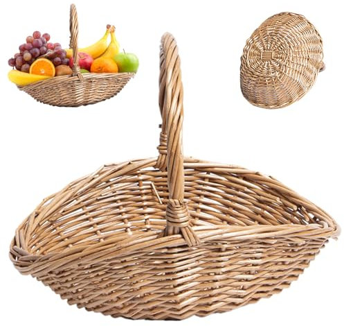 Canasta de ratán y cesta de cosecha lisa, Cesta pastoral portátil con mango, Flores Vegetales, canasta de cosecha