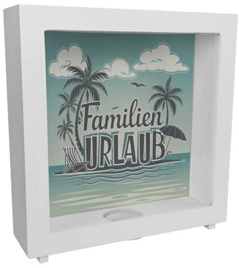 Familien Urlaub Rahmen Spardose aus Holz mit Strandmotiv Perfekte Deko für Ihren Familienurlaub im Strandthema mit Palmen Strandstuhl Sonnenschirm hellblauem Himmel und weißem