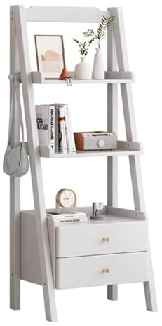 Moderno scaffale a scaletta in legno bianco con cassetto, libreria autoportante per camera da letto, soggiorno, studio, espositore, organizer per piante e fiori (45 x 35,8 x 140 cm)