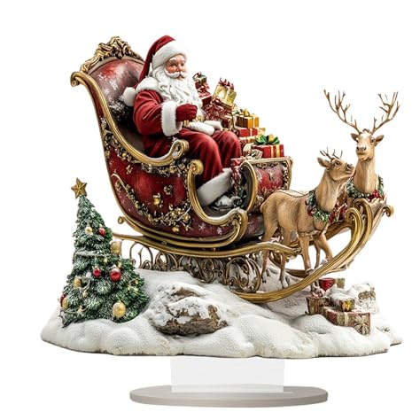 Noël Décoration en Acrylique sur traîneau avec Figurine de renne, Traîneau Amusant pour Ornements de Bureau et Maison