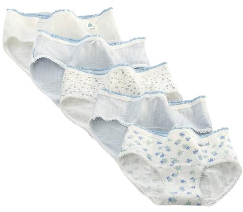 Lot de 5 culottes mignonnes en coton pour femme - Style japonais kawaii - Taille mi-haute - Couverture complète - Doux - Imprimé floral - Bordure à volants - Confortable - Pour le quotidien, #1, L