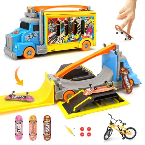 Hestiasko Finger Skateboard Park Set, 2-in-1 Transforming Truck Vehicle with 3 Fingerboards, Finger Bike, Skatepark Deck Ramps, Storage Case,Skateboard Finger Toys Gift for Boys & Girls Ages 3+