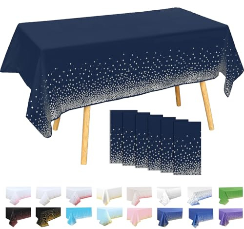 Lot de 6 Nappes Plastiques à Pois Fond Bleu Marine avec Pois Argentés 137x274 cm – Nappe Rectangulaire Réutilisable pour Fête Anniversaire, Décoration Table Événement Sportif, Imperméable Anti-taches