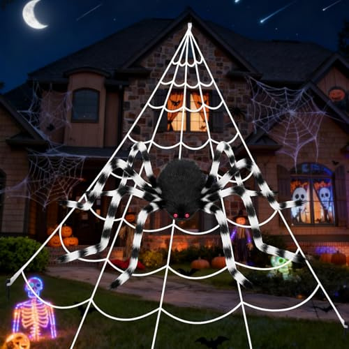 SKYYUE Ragno Gigante Halloween Decorazione Giardino, 500cm Ragnatela Gigante e 125cm Ragni Giganti Realistico, Ragnatele Finte Decorazioni Halloween (Nero e Bianco, 5m Ragnatela +1,25m Ragno)