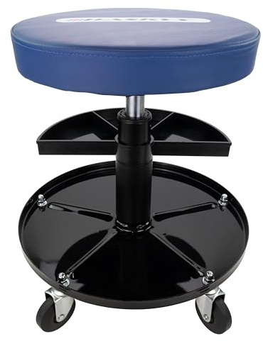 HASKYY Taburete de taller, silla de trabajo, con 5 ruedas, 2 estantes, 410-540 mm, altura regulable, color azul