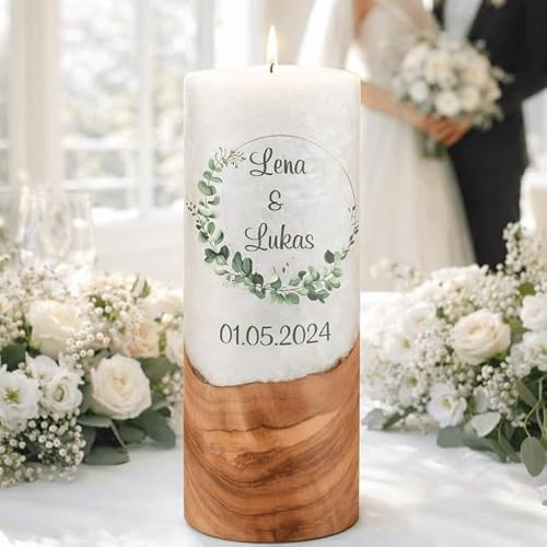 Hochzeitskerze Eukalyptus. - Hochzeitskerze mit echten Holz und versiegelte Wachsoberfläche. Docht oder Teelicht wählbar. (Docht, D/H = 9 x 25 cm)