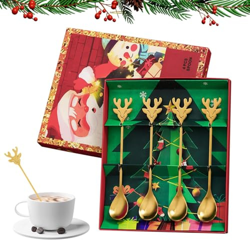 Cuillères à Dessert, 4 Pièces Cuillères De Noël En Acier Inoxydable, Set De À Thé Décoratives, Pour La Maison Pâtisserie Service Cuisson Thé Bar Café Cocktail Crème