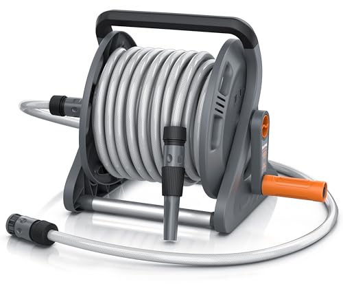 Brandson - Schlauchtrommel 20m Schlauch – Gartenschlauch Trommel Set 1/2 Zoll inkl. Anschluss 3/4 Zoll - 2 m Zuleitung – Schlauchbox mit Wandhalterung - Drehkurbel- Reinigungsspritze