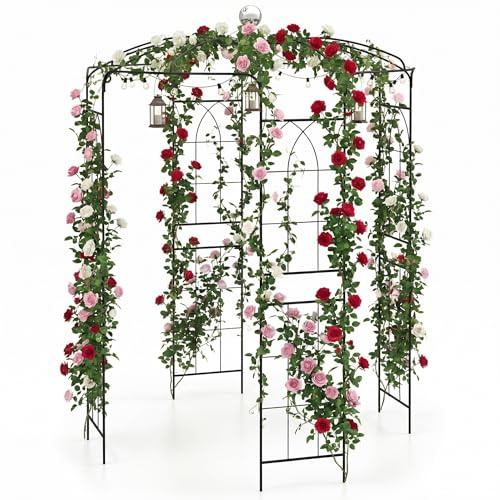 GYMAX Tonnelle de Jardin à Rosiers et Plantes Grimpantes, Pergola Ronde en Métal Style Français, 198 x 198 x 284 cm, Treillis Décorative avec Crochet, pour Cérémonie Mariage, pour Cour Patio Pelouse