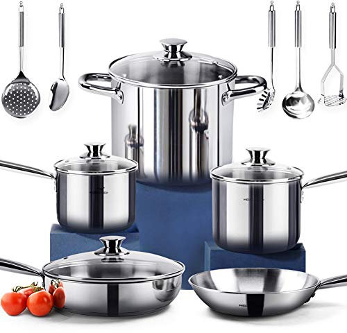 HOMICHEF 14-Piece Nickel Free Stainless Steel Cookware Set - Nickel Free Non-Toxic Stainless Steel Pots and Pans Set - Healthy Induction Cookware