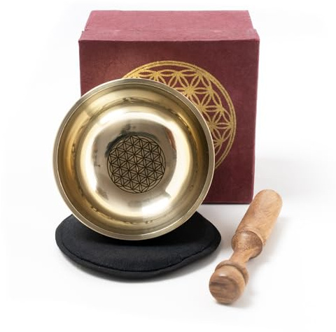 Gegossene Klangschale ca. 160g mit Blume des Lebens Gravur | Geschenkbox aus Loktapaier, für Yoga, Entspannung, Achtsamkeit, Meditation